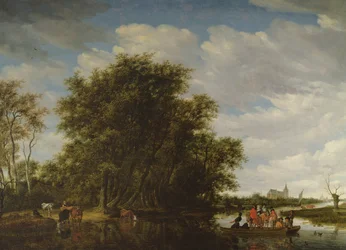 Een Rivierlandschap met Figuren in een Veerboot